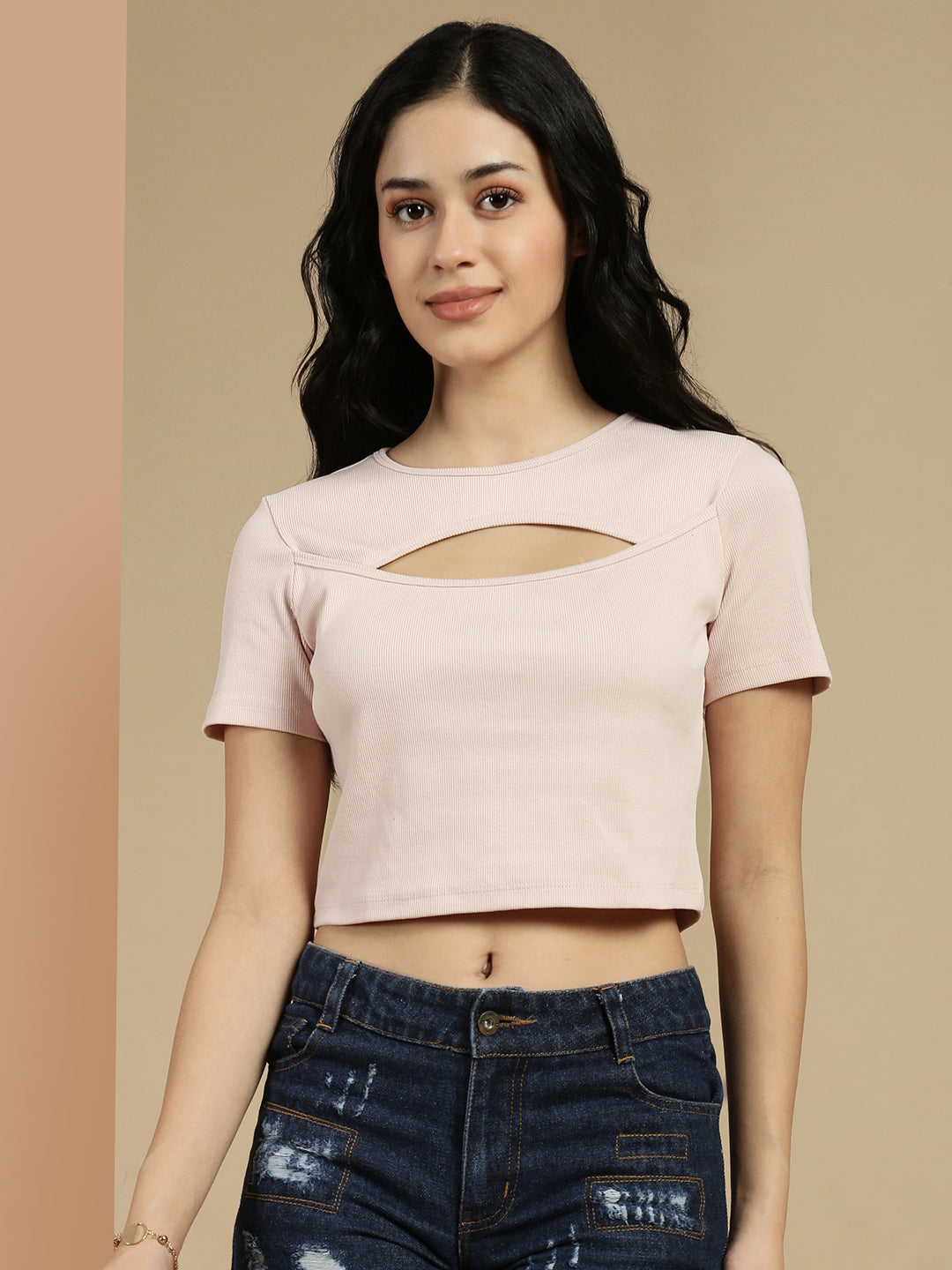 Ecolore Womens Cut-Out Half Sleeve Crop Top