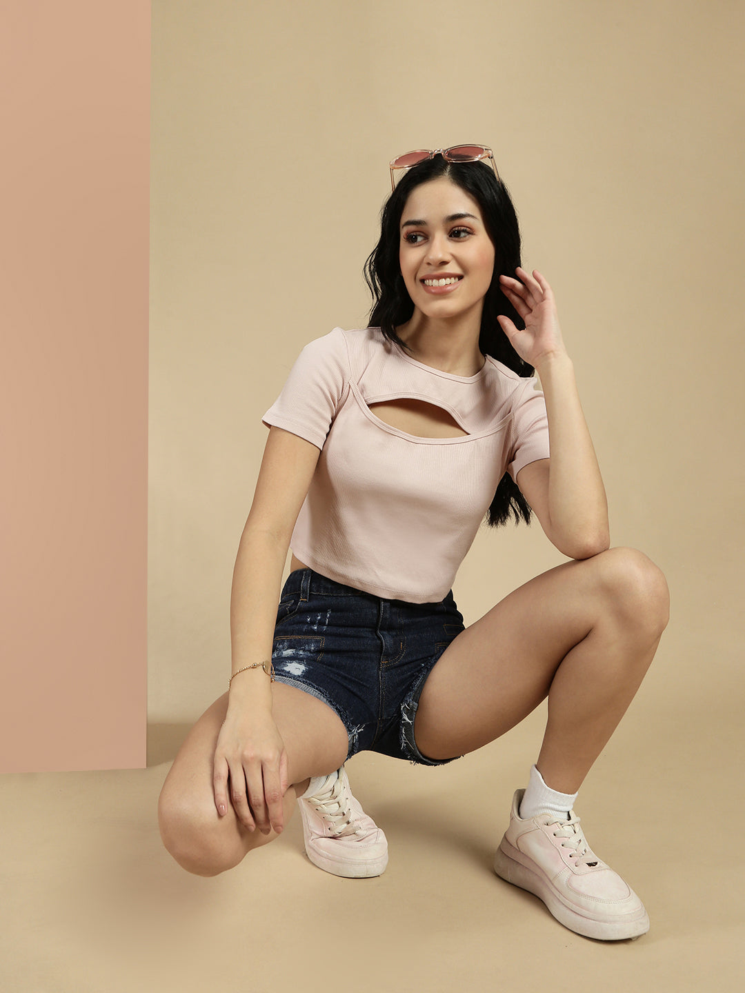 Ecolore Womens Cut-Out Half Sleeve Crop Top