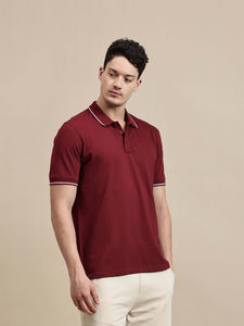 Men's Polo – Half Sleeve - Basic Polo With Tipping And Plating Slim Fit worn by a model in maroon color.