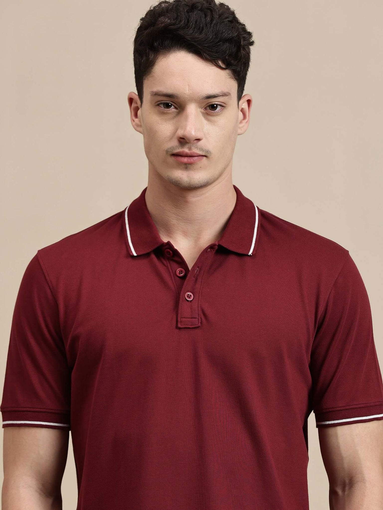 Men's Polo – Half Sleeve - Basic Polo With Tipping And Plating Slim Fit in maroon color with contrast detailing.