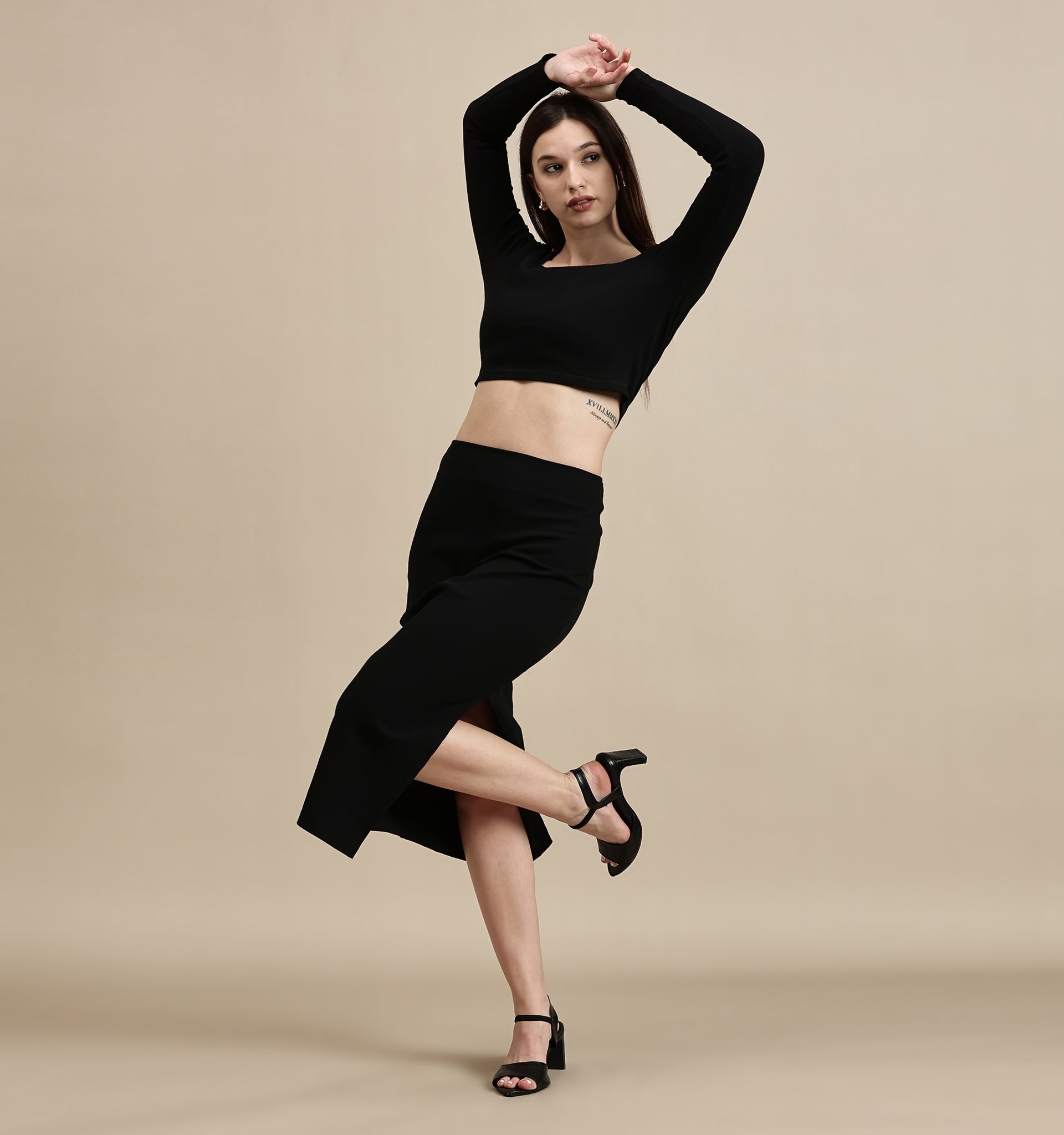 Women's Crop Top – Square Neck Full Sleeve Rib Crop Top