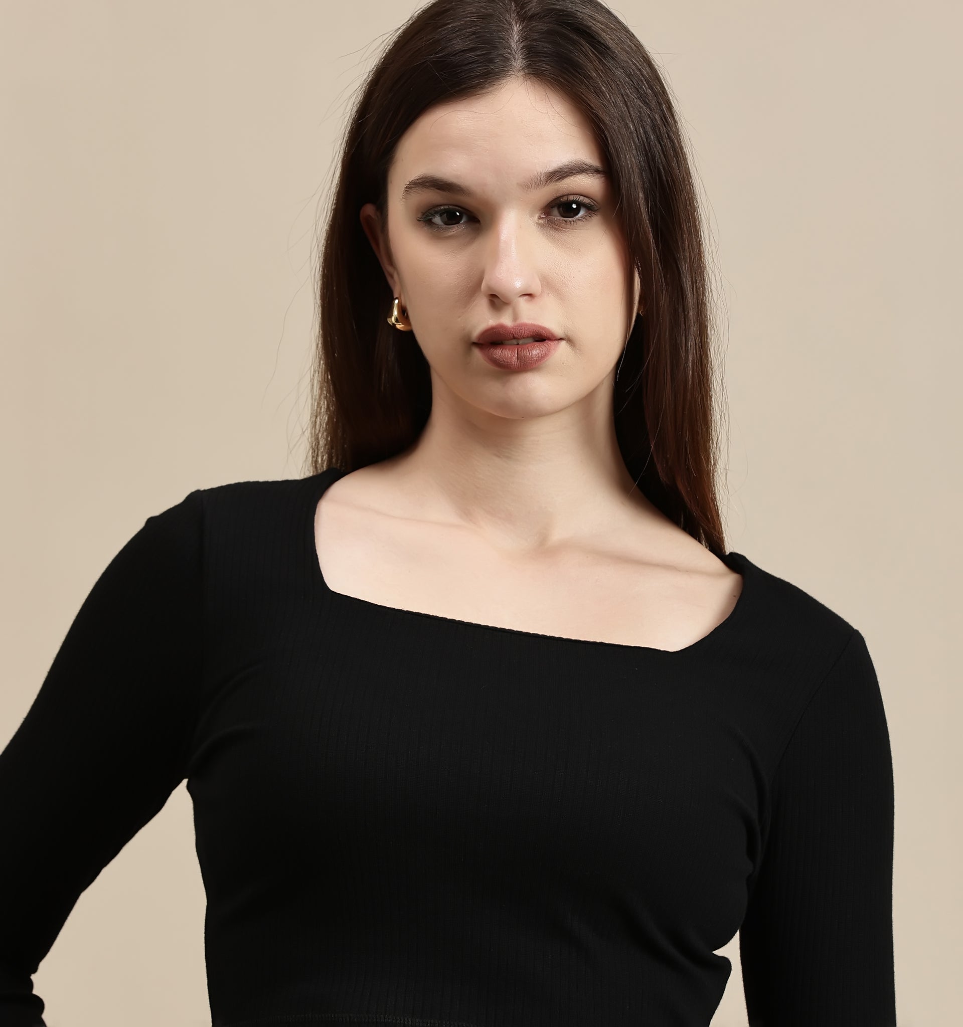 Women's Crop Top – Square Neck Full Sleeve Rib Crop Top