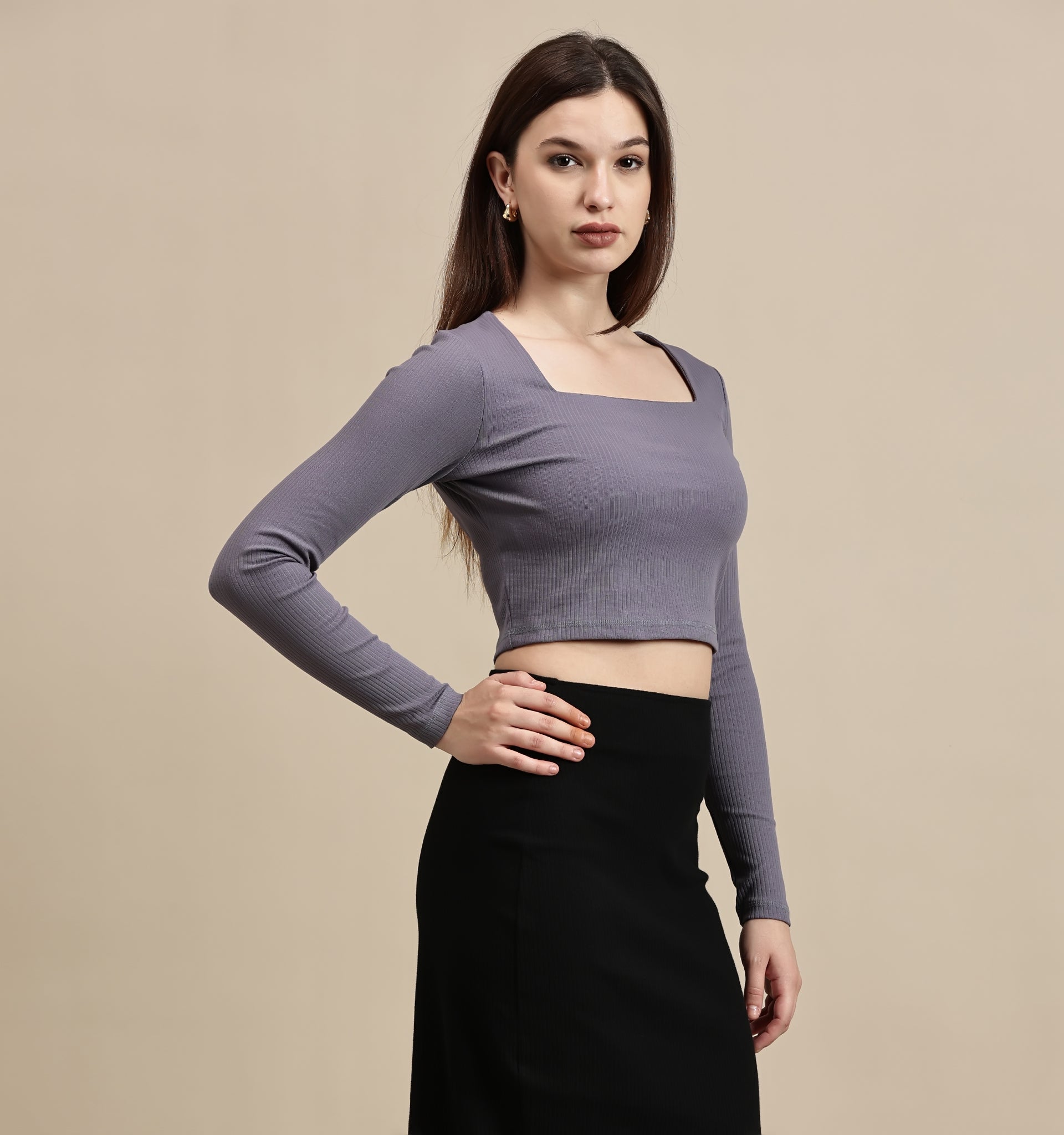 Women's Crop Top – Square Neck Full Sleeve Rib Crop Top