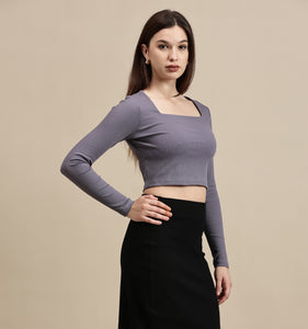Women's Crop Top – Square Neck Full Sleeve Rib Crop Top
