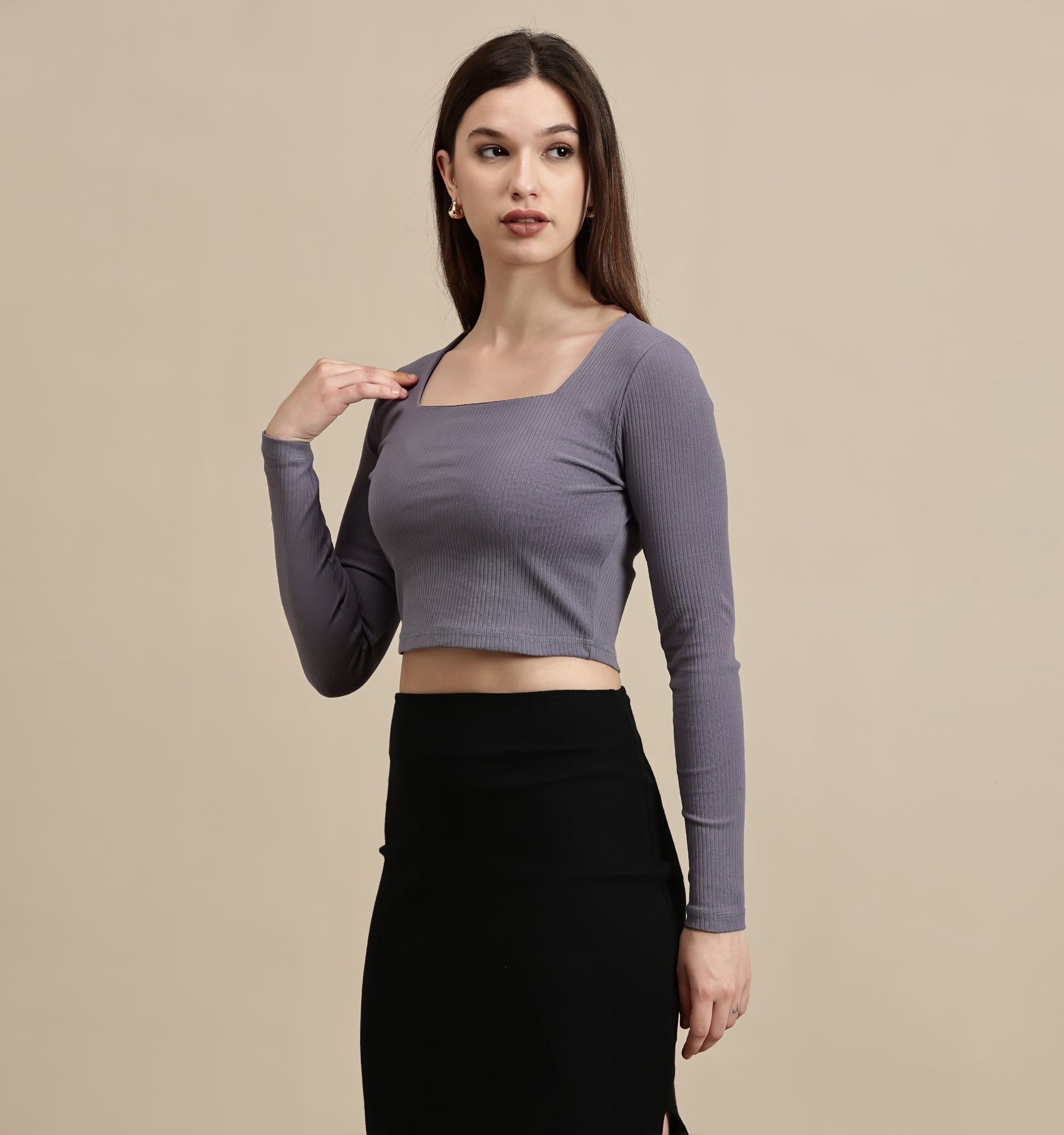 Women's Crop Top – Square Neck Full Sleeve Rib Crop Top