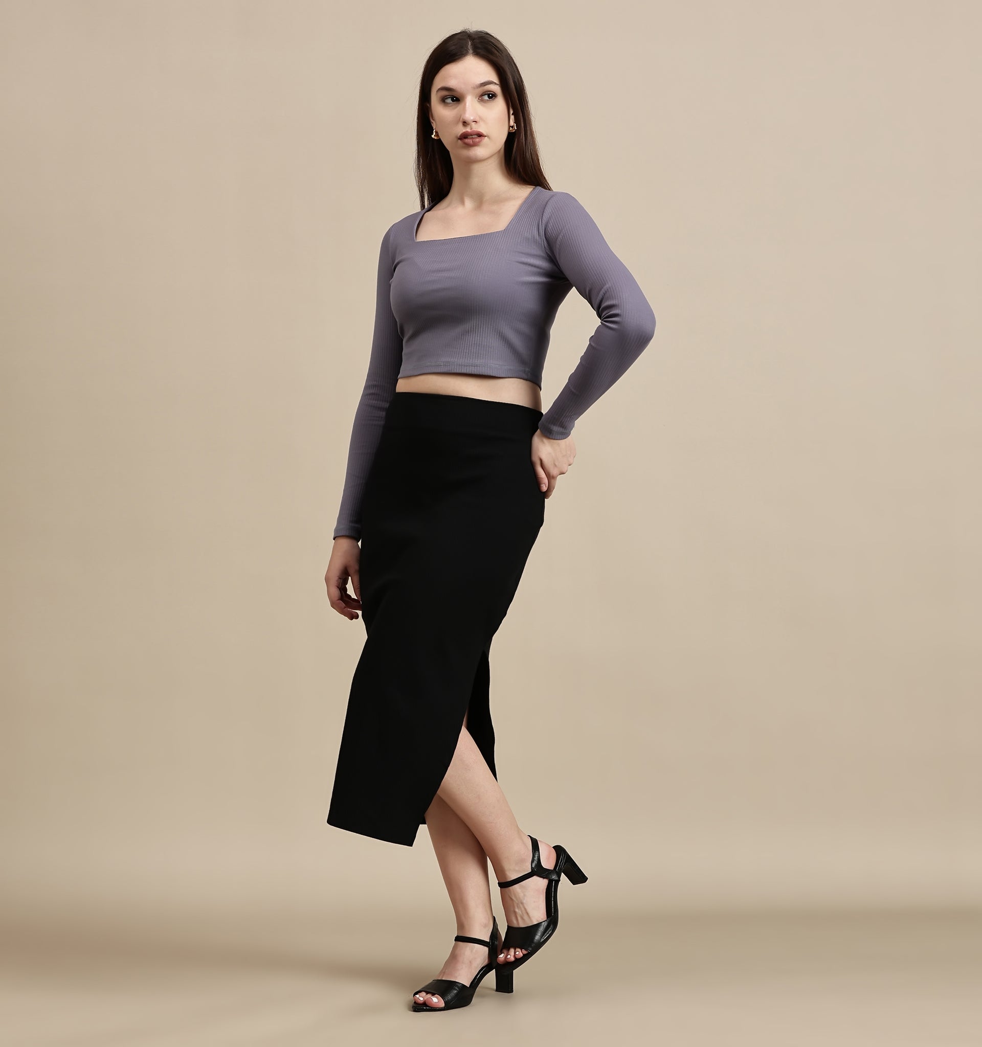 Women's Crop Top – Square Neck Full Sleeve Rib Crop Top