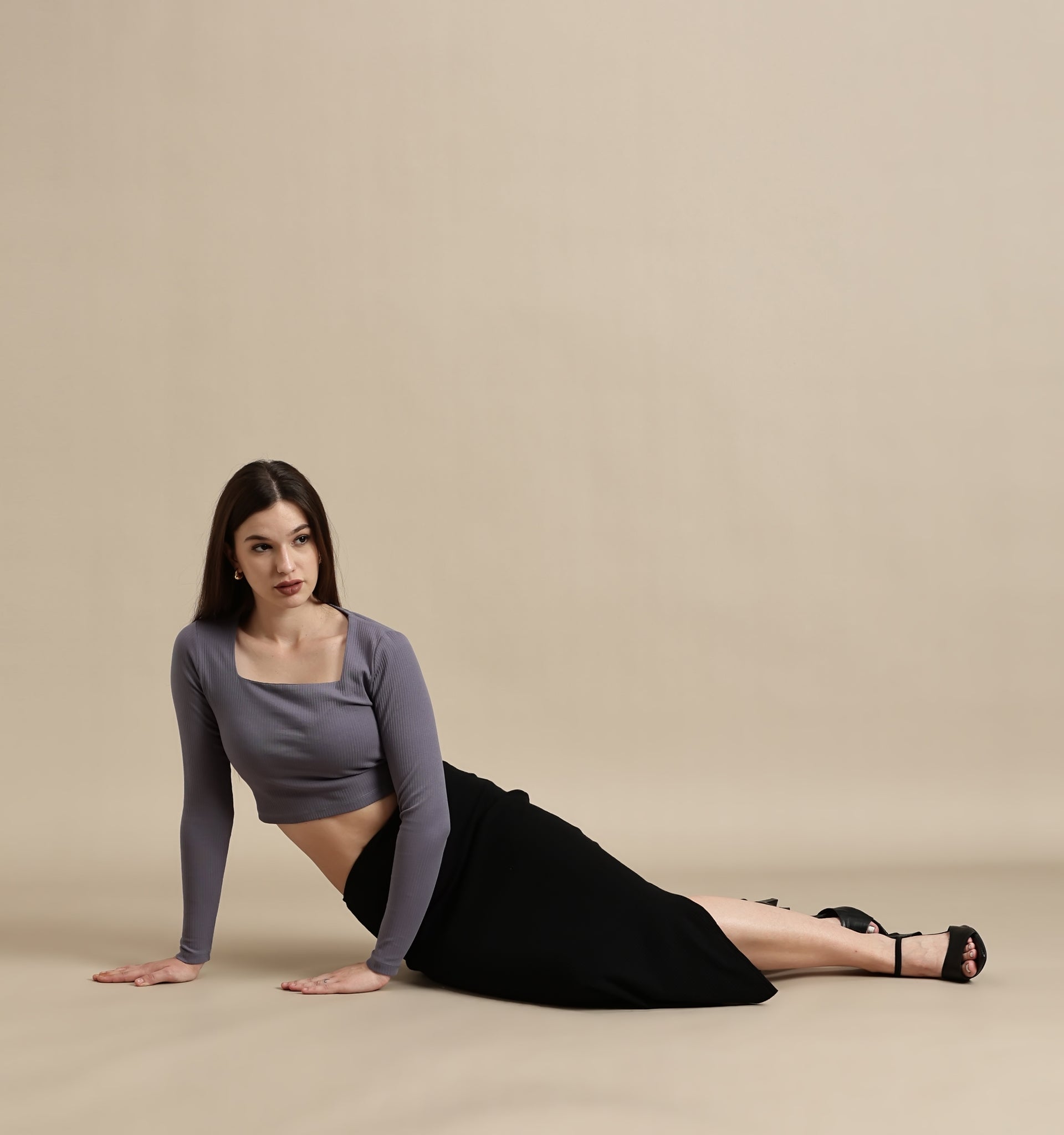 Women's Crop Top – Square Neck Full Sleeve Rib Crop Top