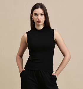 Ecolore Womens Crop Top-High Neck Sleeveless Top in black, showcasing a fitted design and stylish look.