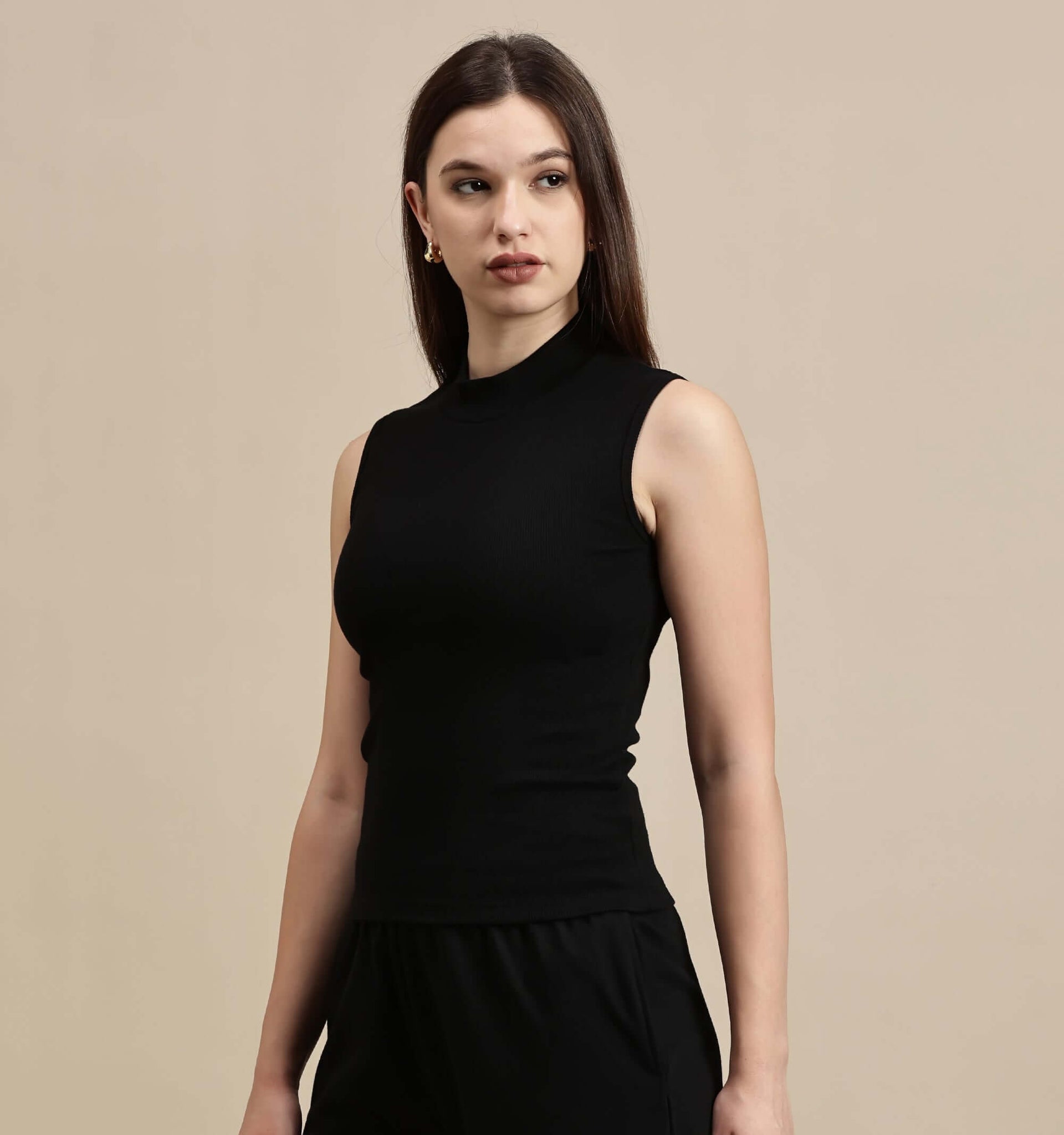Ecolore Womens Crop Top-High Neck Sleeveless Top in black, showcasing a fitted design and stylish look.