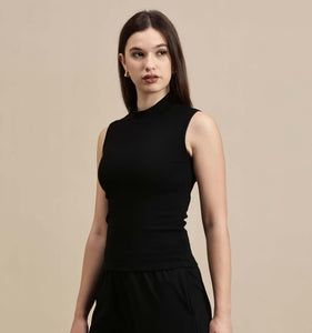 Ecolore Womens Crop Top-High Neck Sleeveless Top in black, showcasing a fitted design and stylish look.