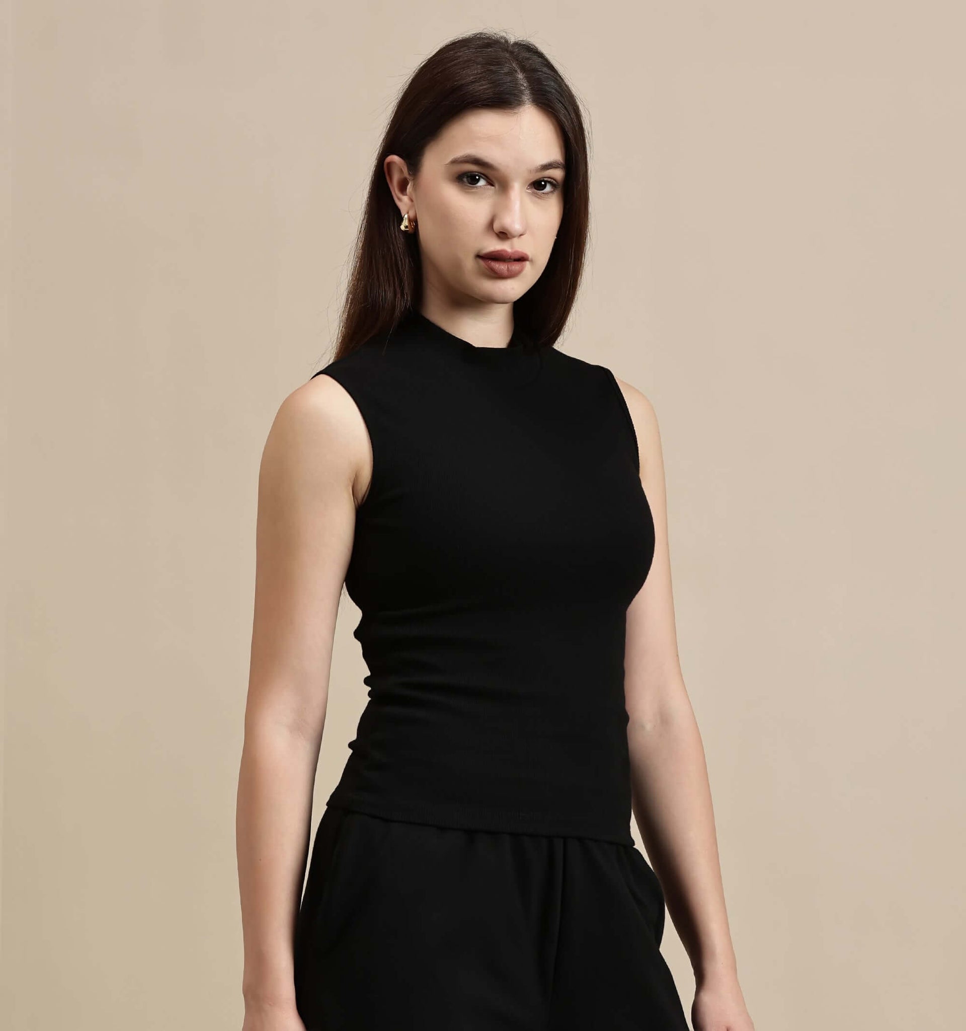 Ecolore Womens Crop Top-High Neck Sleeveless Top in black, showcasing a fitted design and stylish look.