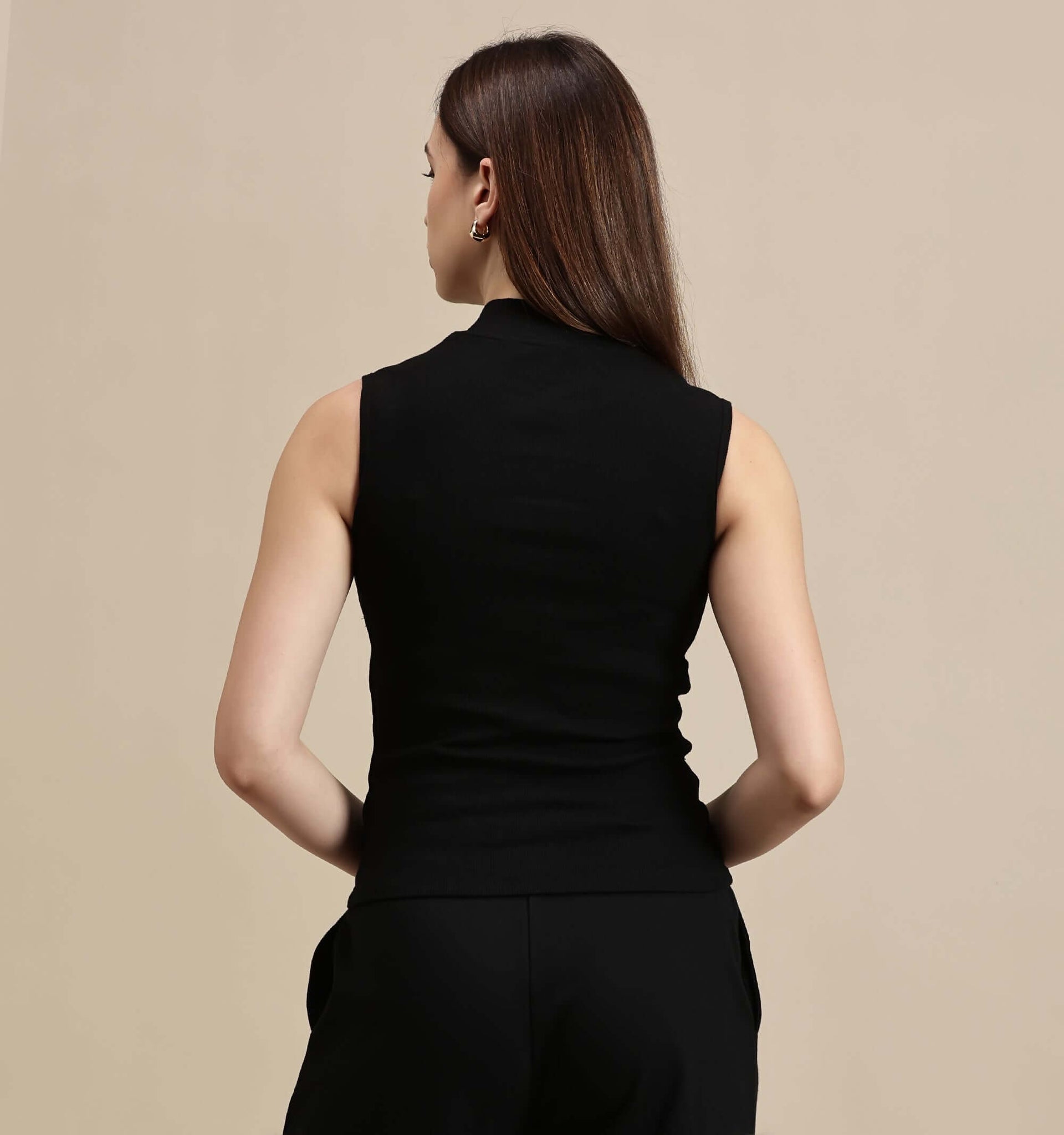 Ecolore Womens Crop Top-High Neck Sleeveless Top in black, showcasing a fitted design and stylish look.